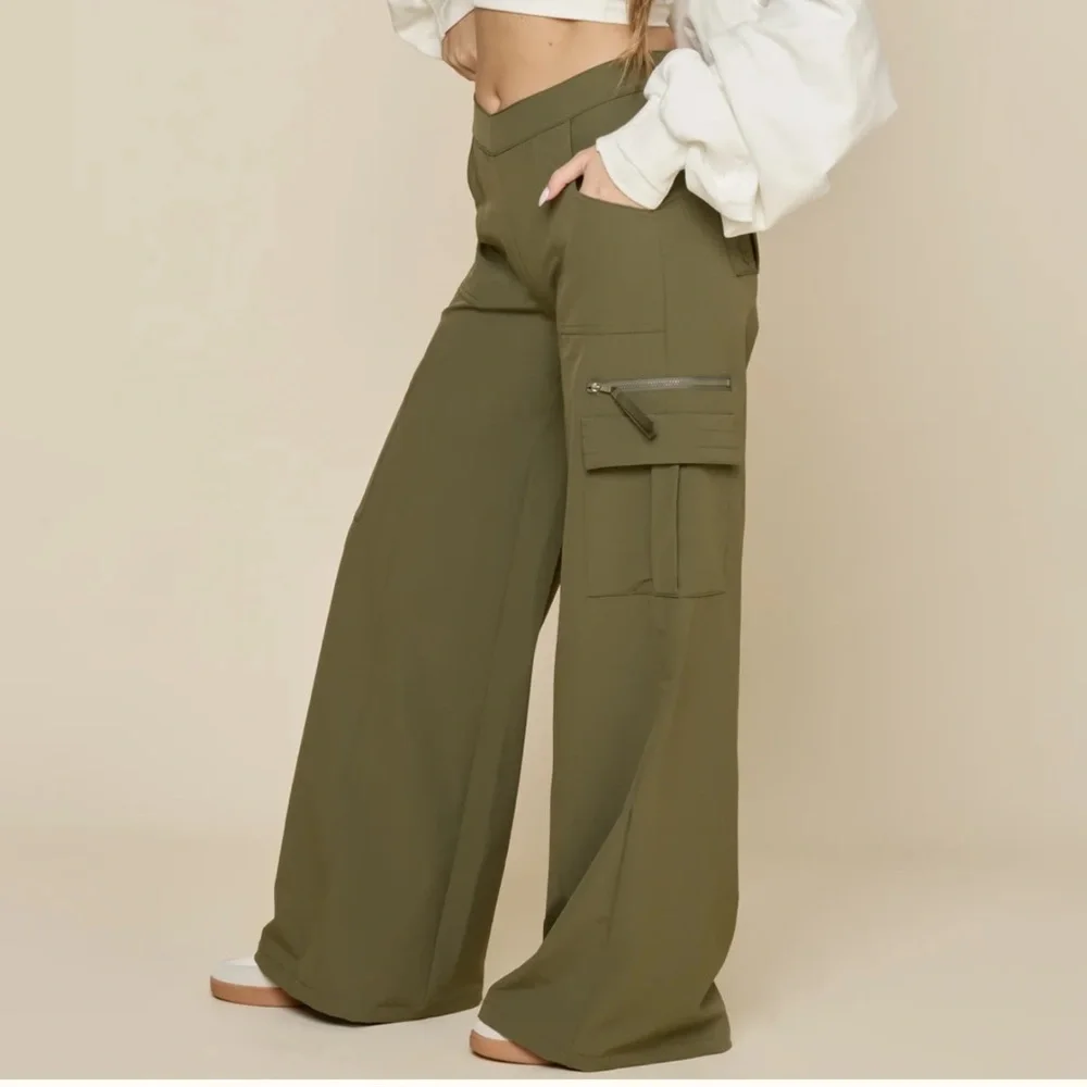 POPFLEX Y2K Olive Green Wide Leg Cargo Pants - Picture 2 of 4